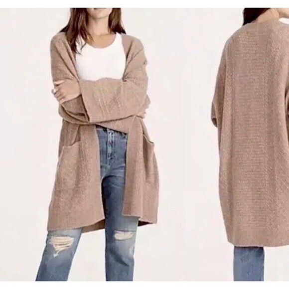J. Crew S/M Cable-Knit Cardigan Long Open Sweater Tan Wool Alpaca Blend BA322 - Picture 1 of 12